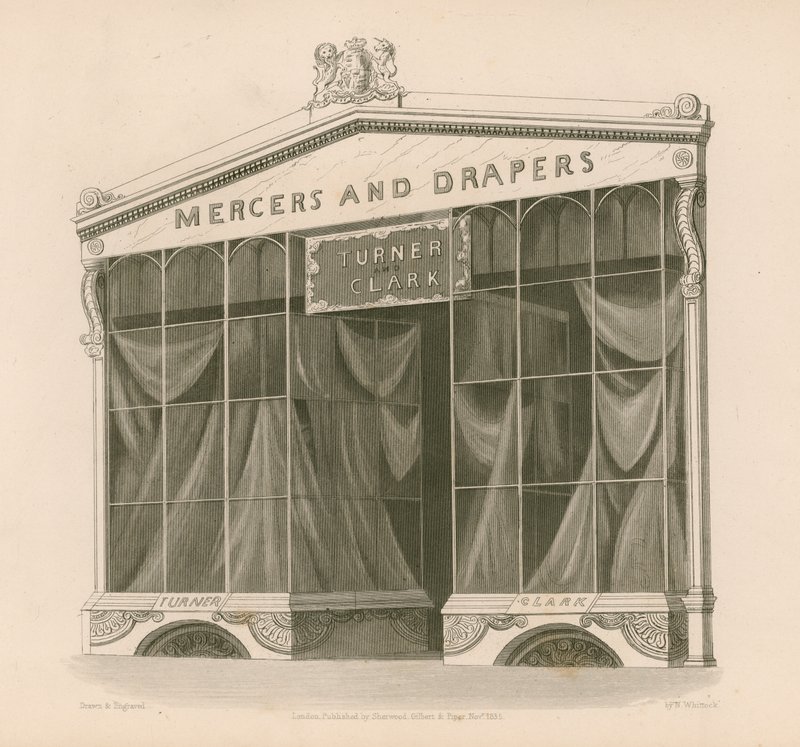 Fachada de la tienda de Messrs Turner y Clark, Merceros y Draperos, Coventry Street, Londres de Nathaniel Whittock