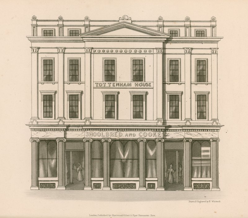 Fachada de la tienda de Shoolbred y Cooke, Drapers, Tottenham Court Road, Londres de Nathaniel Whittock