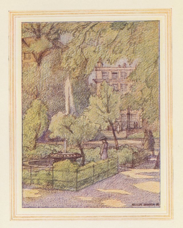 En los Jardines del Templo, Patio de las Fuentes (litografía en color) de Nelson Dawson