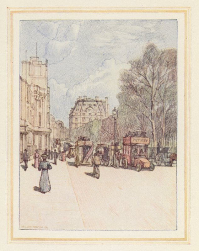 Piccadilly mirando al este (litografía en color) de Nelson Dawson
