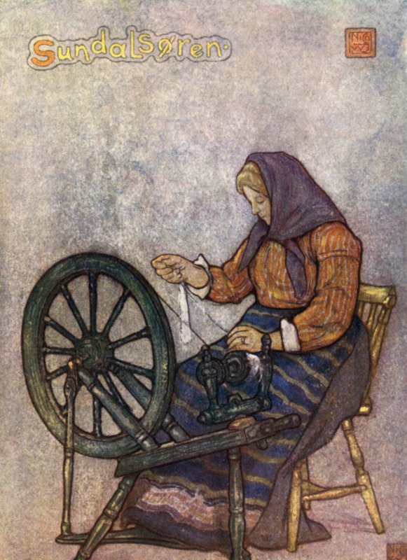 Noruega: Mujer hilando, Sundalsoren (litografía a color) de Nico Jungman