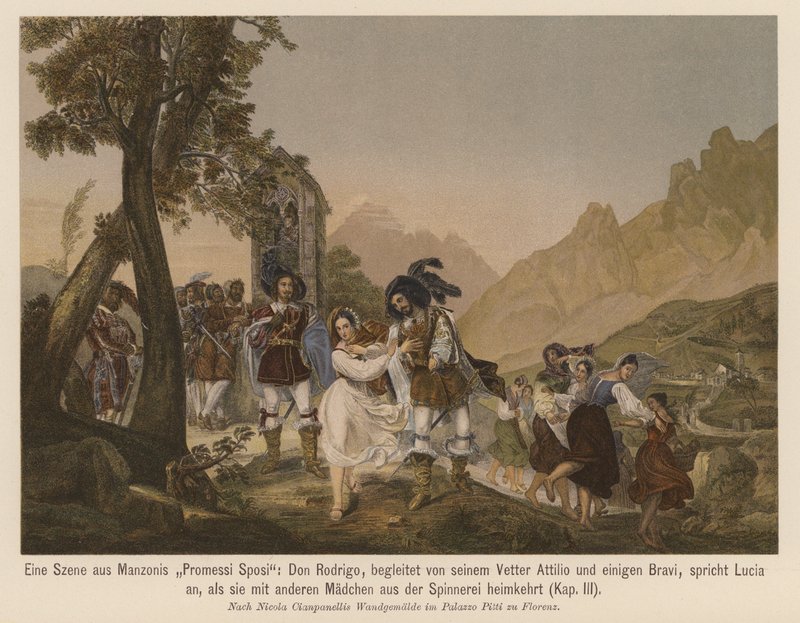 Escenas de la novela de Alessandro Manzoni I Promessi Sposi (litografía en color) de Nicola Cianfanelli