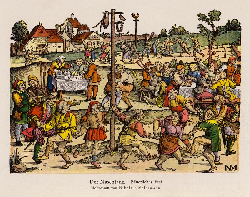El baile de la nariz en una fiesta rural (litografia en color) de Nicolaus Meldemann
