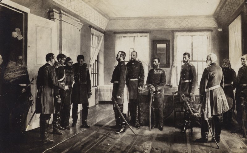 El general otomano capturado Osman Pasha presentado al Zar Alejandro II de Rusia tras rendirse en el Sitio de Pleven, Guerra Ruso-Turca de 1877-1878 de Nikolai Dmitrievich Dmitriev Orenburgsky