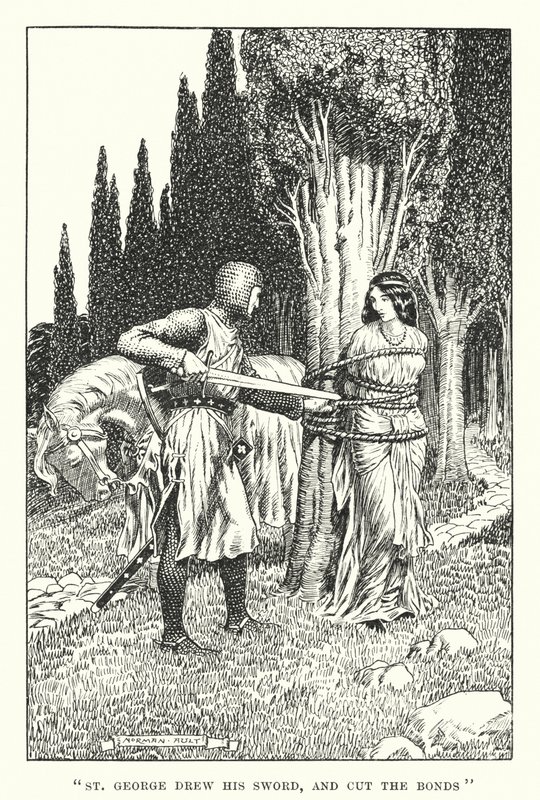 "San Jorge desenvainó su espada y cortó las ataduras" (litografía) de Norman Ault