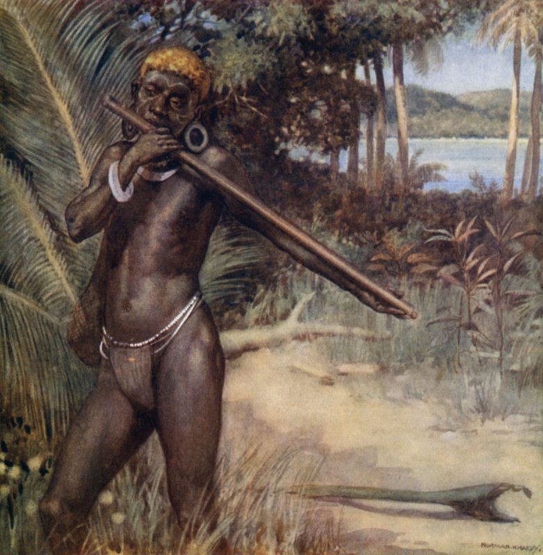 Isleño de las Salomón tocando el "Ivivu" o Flauta de Norman Hardy