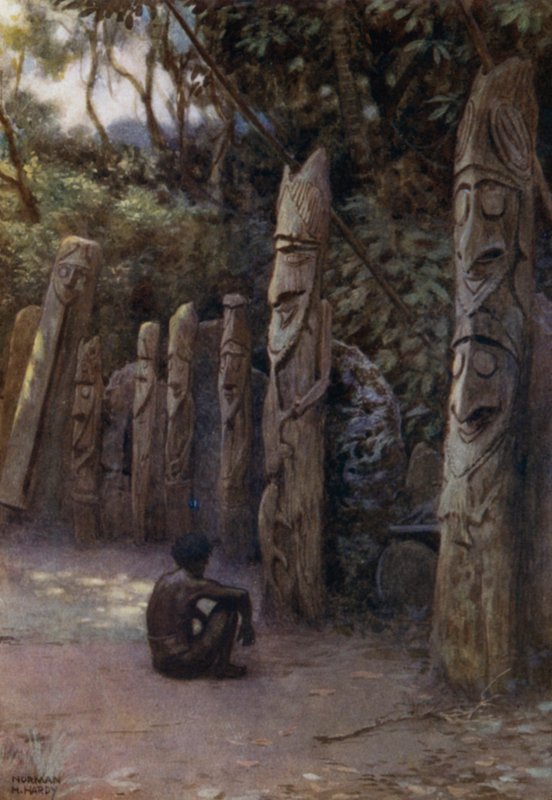 Las Piedras "Demits," o las Almas, con sus figuras de madera acompañantes, Isla Malekula, Nuevas Hébridas de Norman Hardy