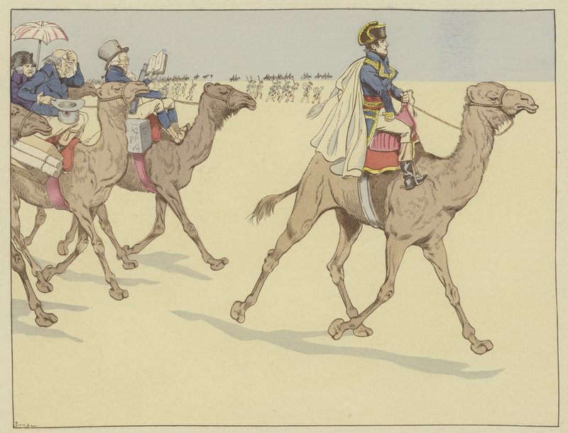 Llegado a la tierra de los faraones, Napoleón iba a todas partes seguido por una comisión de eruditos y artistas que nunca habían montado en camello, 1 de julio de 1798 de Onfray de Breville Job