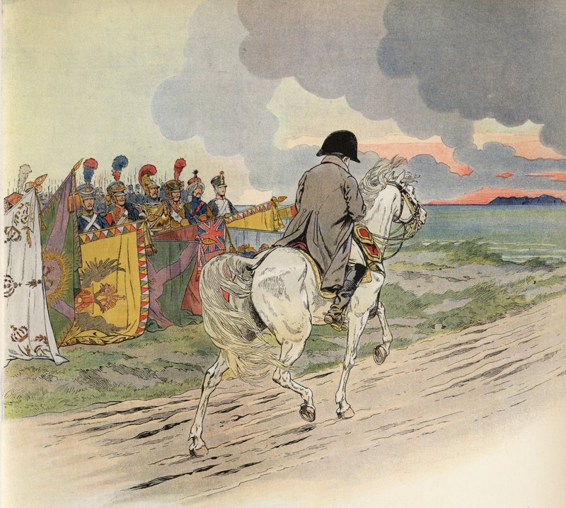 Imagen imaginaria de Napoleón a caballo, recibiendo el respeto de los soldados de Europa de Onfray de Breville Job