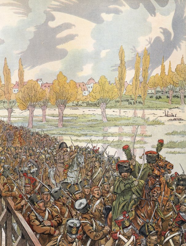 Napoleón cruzando el puente en Elster con su ejército, con un cielo ominoso de Onfray de Breville Job