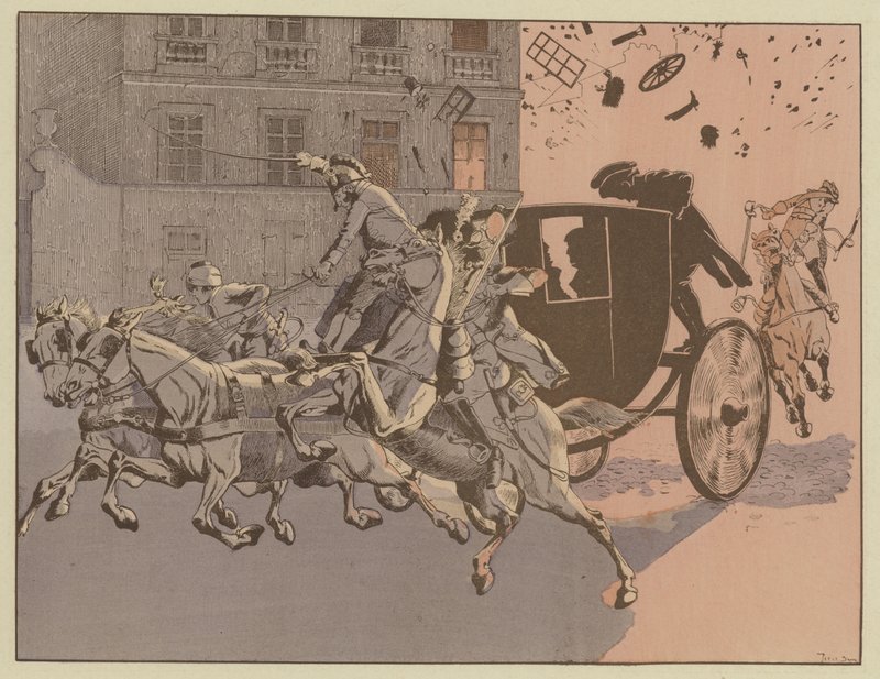 Napoleón tiene una escapada milagrosa de la explosión de una bomba, la máquina infernal, en la Rue Saint-Nicaise, París, 24 de diciembre de 1800 de Onfray de Breville Job