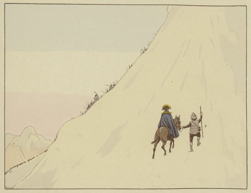 Napoleón pasó el Mont St Bernard montando una mula, guiado por un joven a quien recompensó generosamente, 16 de mayo de 1800 de Onfray de Breville Job