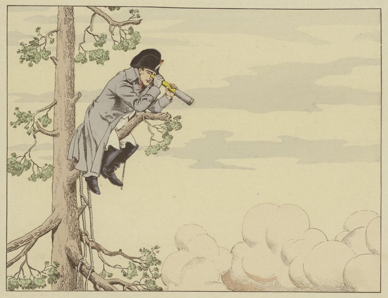 Napoleón observando la Batalla de Aspern-Essling desde la cima de un árbol en la isla de Lobau, 22 de mayo de 1809 de Onfray de Breville Job