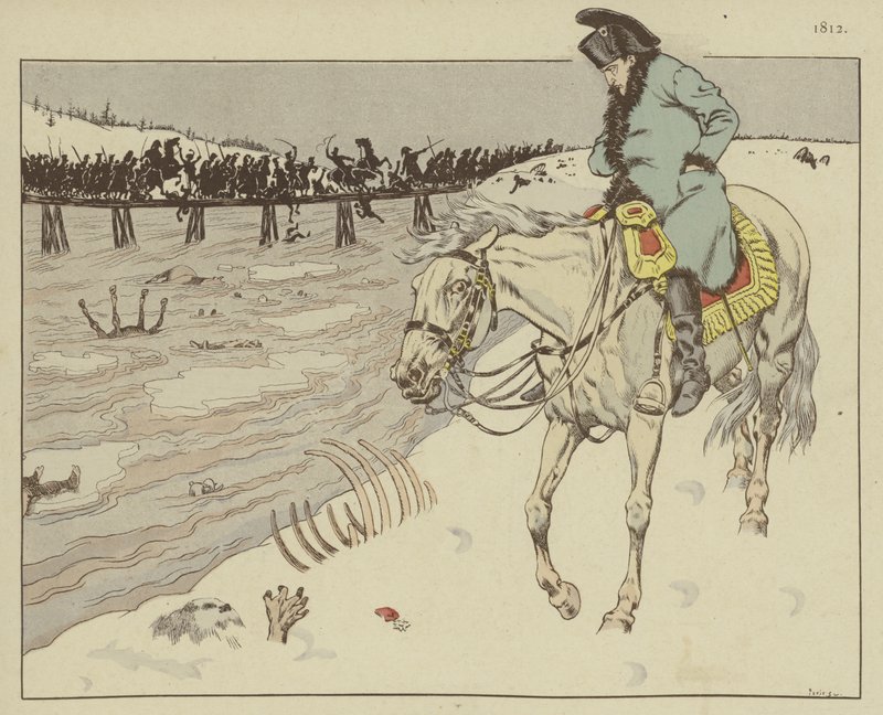 Napoleón observando los restos de su Gran Ejército cruzando el río Berezina en la retirada de Moscú, 1812 de Onfray de Breville Job