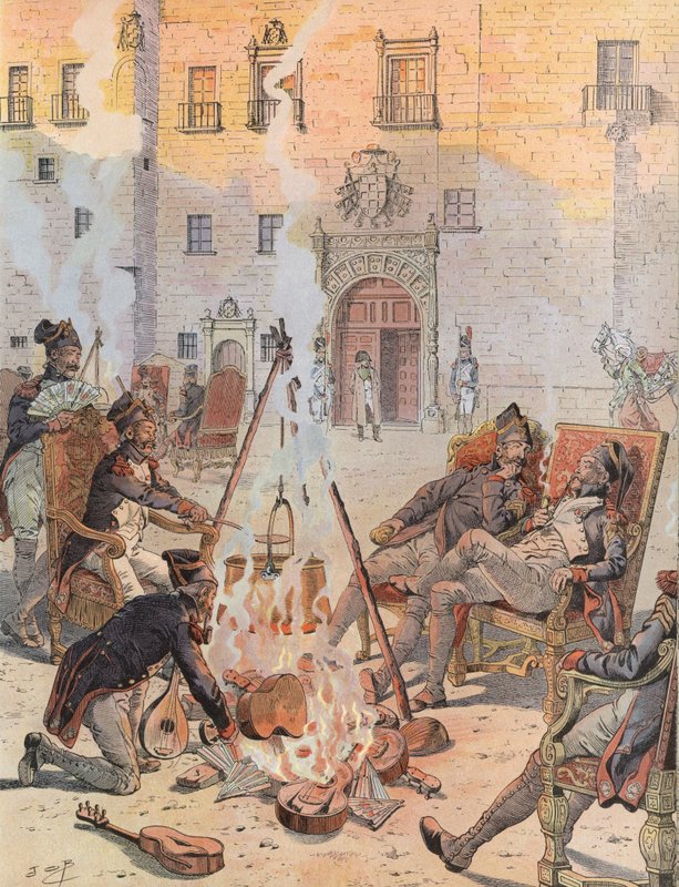 Napoleón presenciando a algunos de sus soldados relajándose en Burgos de Onfray de Breville Job