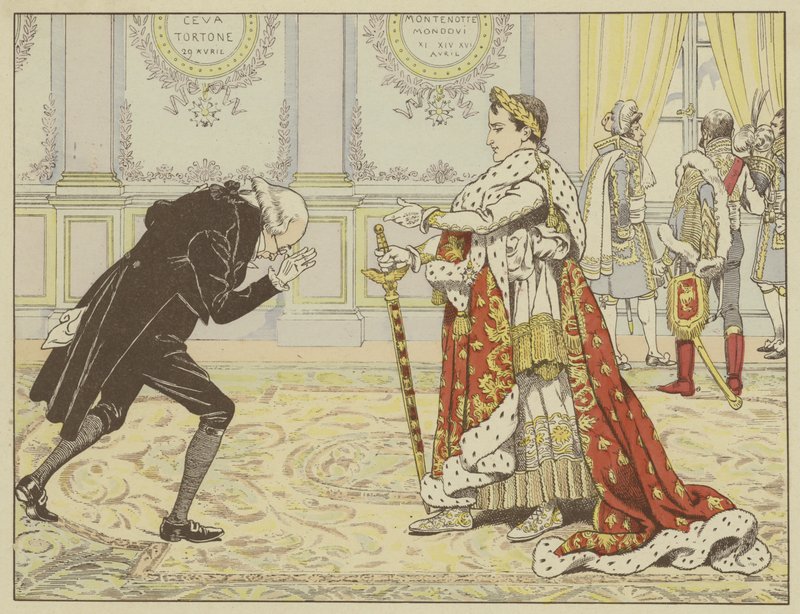 En la mañana de su coronación, al percibir al notario de Josefina, Napoleón le dijo, riendo: ¡Bueno, Maitre Ragideau, aquí está la capa! ¡Y aquí está la espada! de Onfray de Breville Job