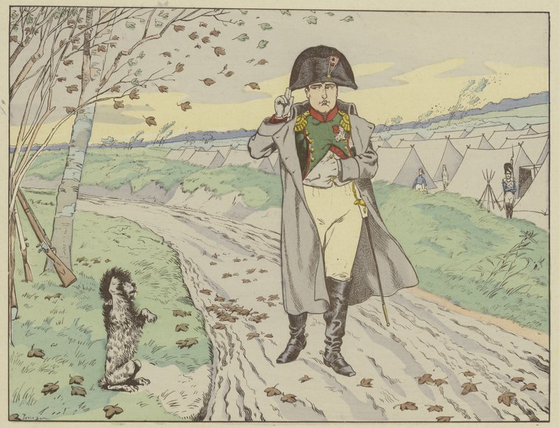 Los soldados de la Vieja Guardia entrenaron a sus perros para saludar al Emperador, quien devolvía sus saludos, 1805 de Onfray de Breville Job