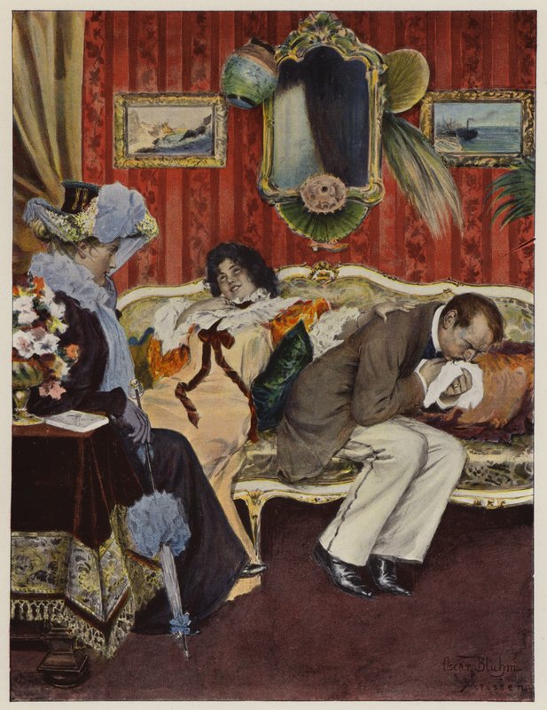 Pareja de recién casados en su luna de miel, con el marido con tos (litografia de color) de Oscar Bluhm
