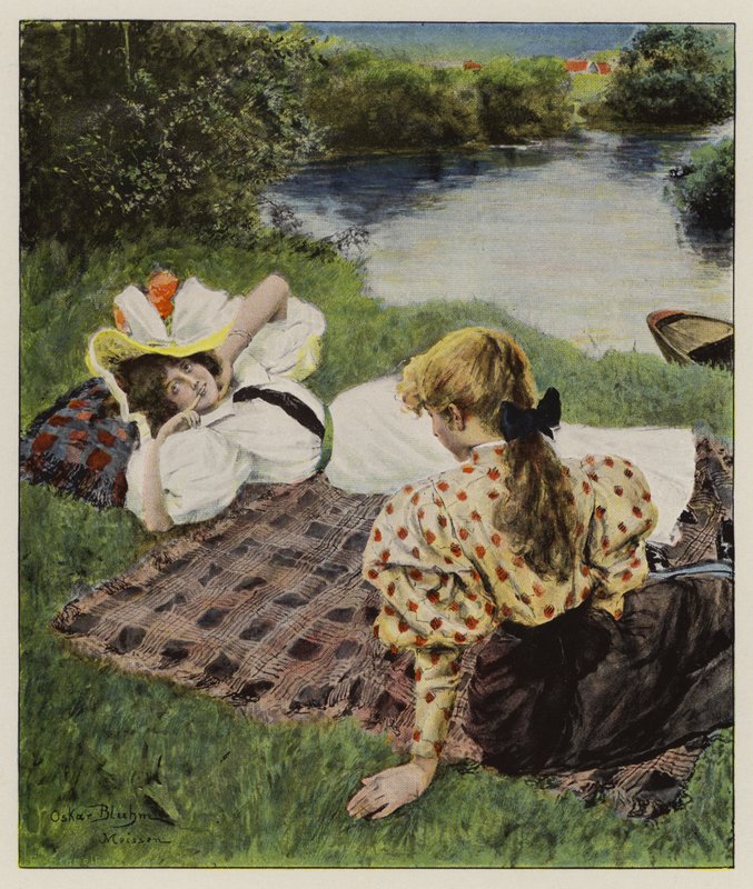 Dos mujeres jóvenes relajándose en la orilla de un río discutiendo estar enamoradas (litografia en color) de Oscar Bluhm