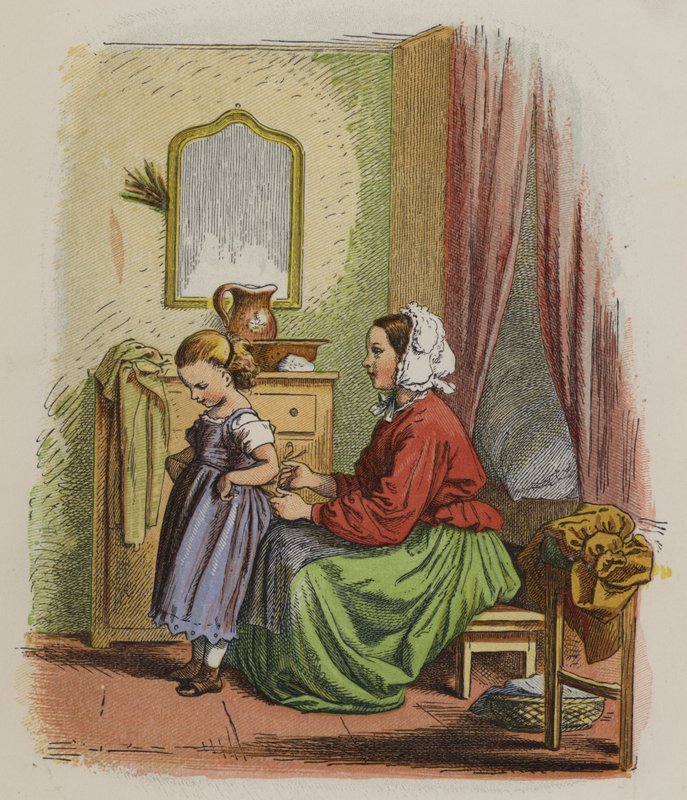 Madre vistiendo a su hija pequeña de Oskar Pletsch