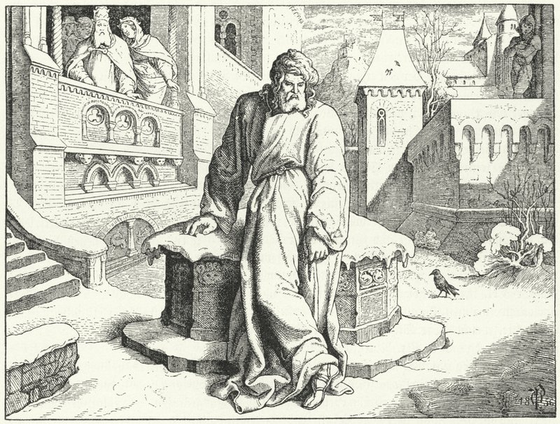 El emperador del Sacro Imperio Romano Germánico Enrique IV en el patio del castillo de Canossa, Italia, disfrazado de penitente para pedir perdón al Papa Gregorio VII, 1077 de Oskar Pletsch