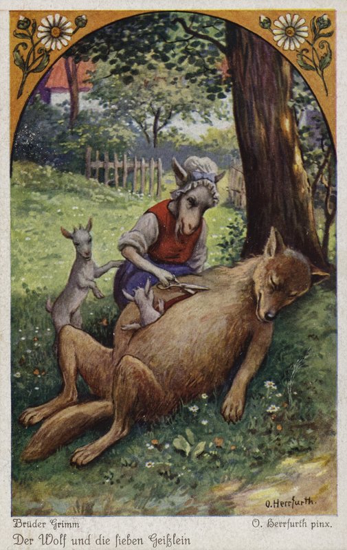 Escena de El Lobo y los Siete Cabritos, de los Hermanos Grimm de Oskar Herrfurth
