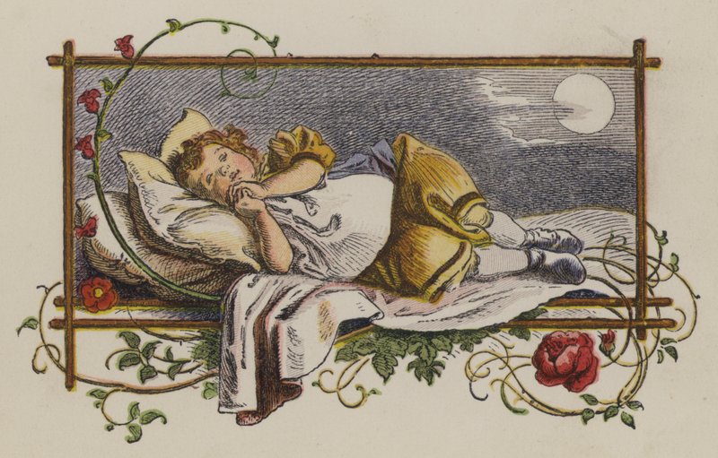 Niña pequeña durmiendo en su cama por la noche de Oskar Pletsch
