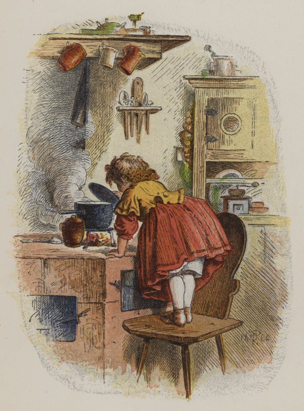 Niña mirando dentro de una cacerola en una estufa de Oskar Pletsch