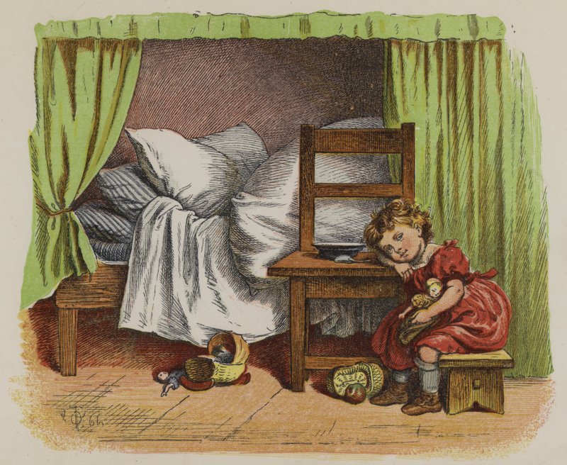 Niña pequeña sentada junto a su cama de Oskar Pletsch