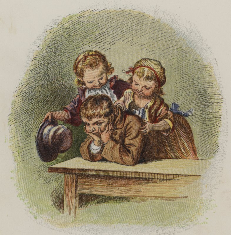 Dos niñas tratando de animar a un niño gruñón de Oskar Pletsch
