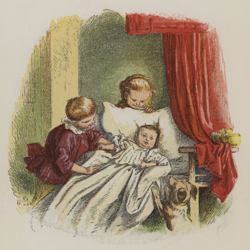 Niño y niña observando a un bebé de Oskar Pletsch