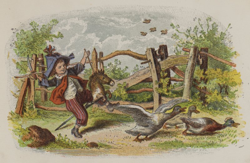 Niño jugando con su caballito de juguete y asustando a un grupo de gansos de Oskar Pletsch