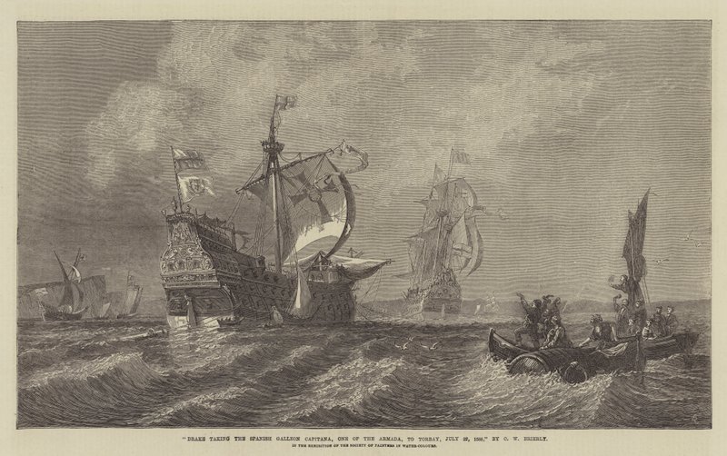 Drake tomando el galeón español Capitana, uno de la Armada, hacia Torbay, 22 de julio de 1588, en la Exposición de la Sociedad de Pintores en Acuarela de Oswald Walters Brierly