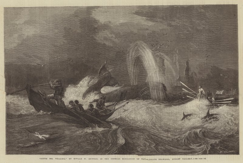 Caza de ballenas en el mar del sur, en la Exposición General de Dibujos en Acuarela, Galería Dudley de Oswald Walters Brierly