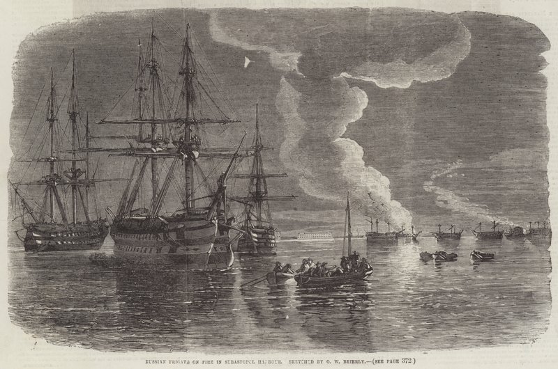 Fragata rusa en llamas en el puerto de Sebastopol de Oswald Walters Brierly