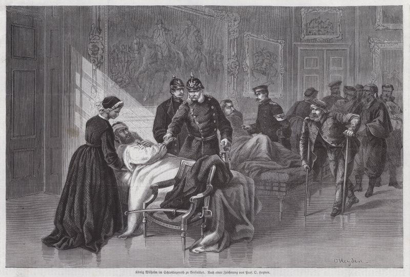 El rey Guillermo I de Prusia reuniéndose con soldados heridos en el Palacio de Versalles, Francia, Guerra Franco-Prusiana de Otto Johann Heinrich Heyden