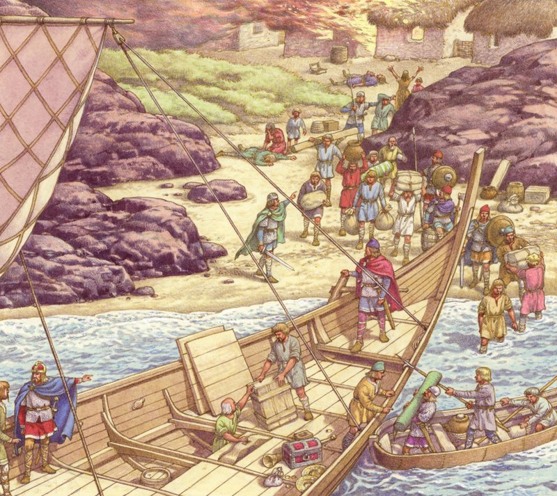 Una incursión vikinga (gouache sobre papel) de Pat (1907-95) Nicolle