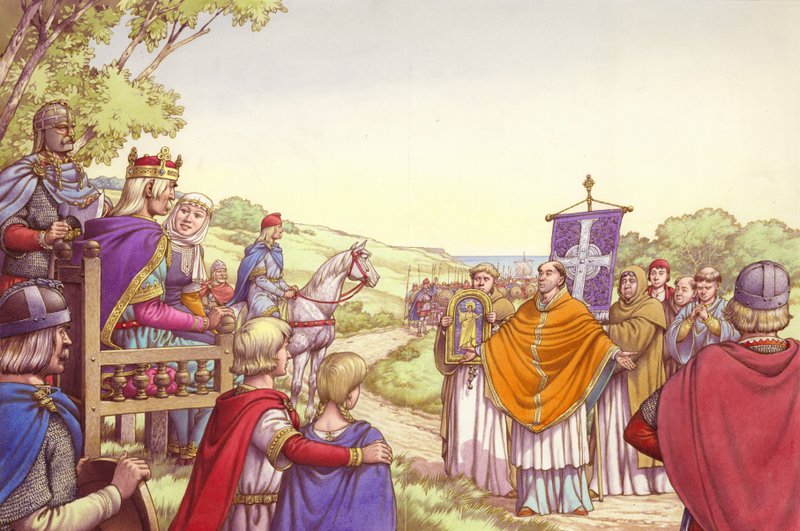 Agustín frente al rey Ethelbert y su reina Bertha (gouache sobre papel) de Pat (1907-95) Nicolle
