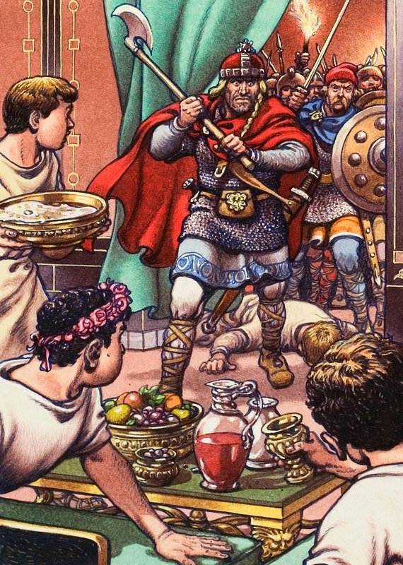 Bárbaros invadiendo una cena romano-británica de Pat (1907-95) Nicolle
