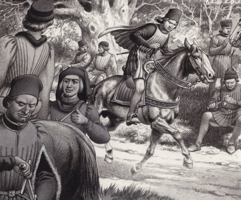 Los conspiradores observan el paso de Lorenzo de Médicis (gouache sobre papel) de Pat (1907-95) Nicolle