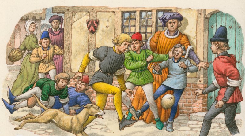 Juego parecido al fútbol en la Edad Media (gouache sobre papel) de Pat (1907-95) Nicolle