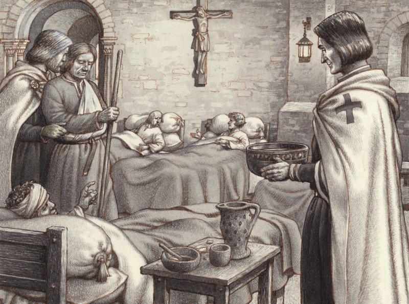 Godofredo de Bouillon observa a los monjes benedictinos atendiendo a los heridos (gouache sobre papel) de Pat (1907-95) Nicolle