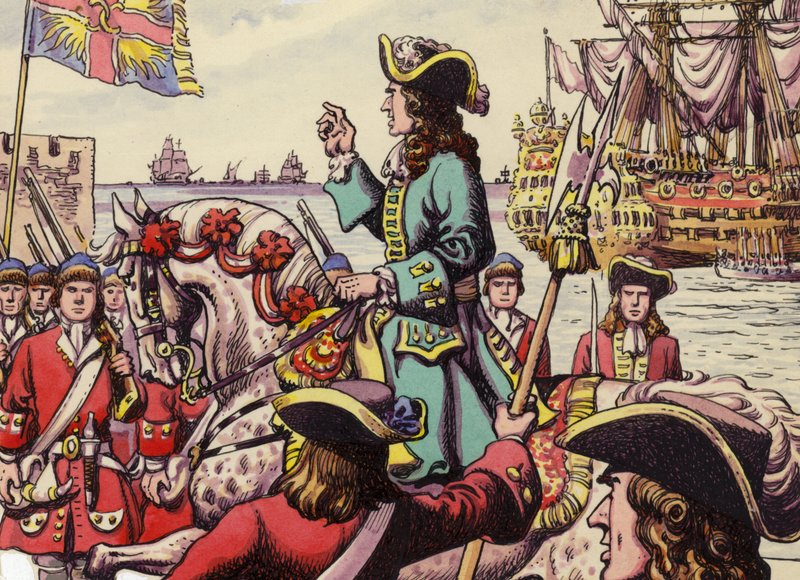 Desembarco del rey Guillermo III en Carrickfergus (gouache sobre papel) de Pat (1907-95) Nicolle