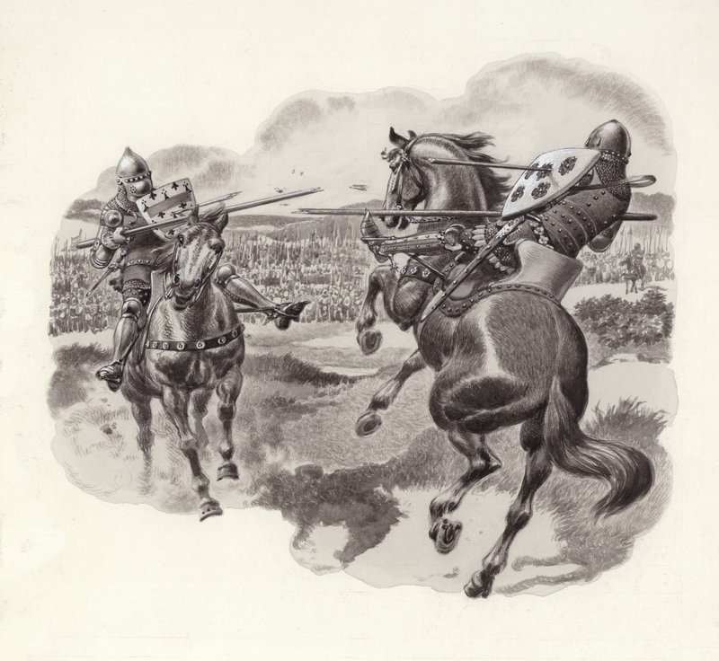 Caballeros en la batalla de Poitiers (gouache sobre papel) de Pat (1907-95) Nicolle
