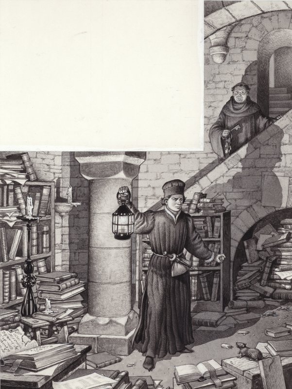 Poggio Bracciolini en la biblioteca abandonada del monasterio de San Gall (gouache sobre papel) de Pat (1907-95) Nicolle