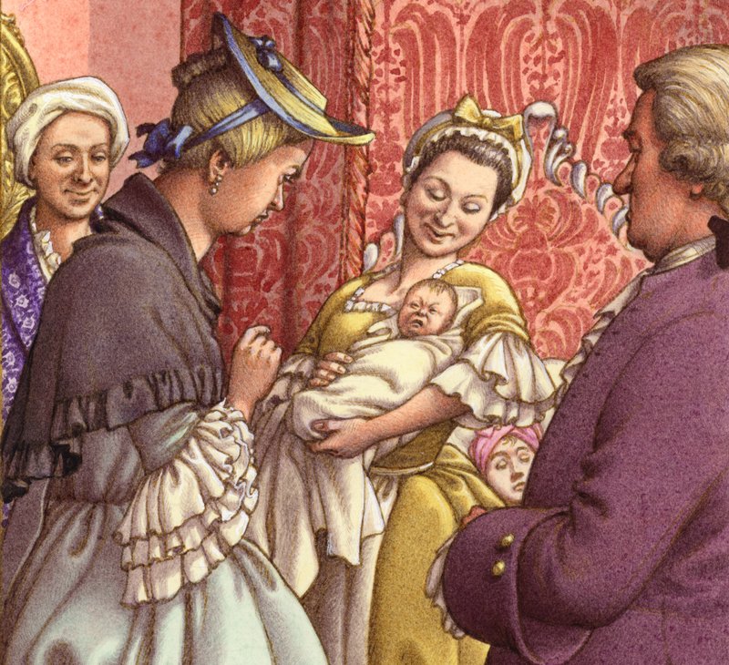 La reina Carolina sostiene a su nieta (gouache sobre papel) de Pat (1907-95) Nicolle