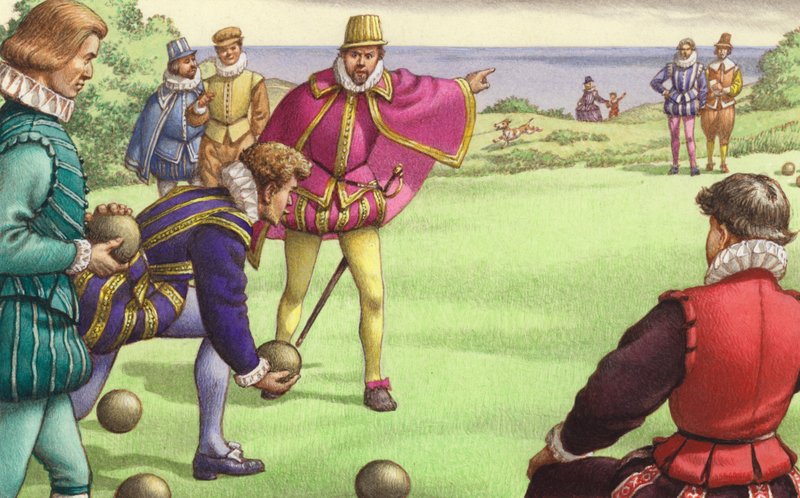 Sir Francis Drake jugando a los bolos antes de la llegada de la Armada española (gouache sobre papel) de Pat (1907-95) Nicolle