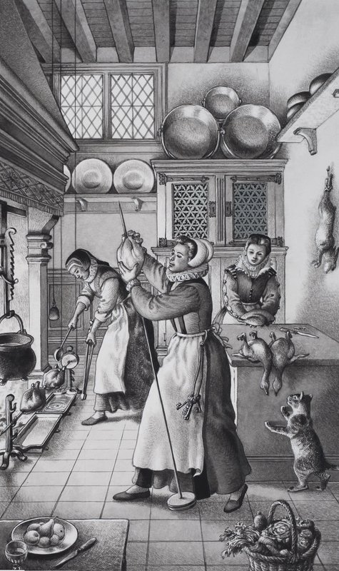 Cocina del siglo XVI (gouache sobre papel) de Pat (1907-95) Nicolle