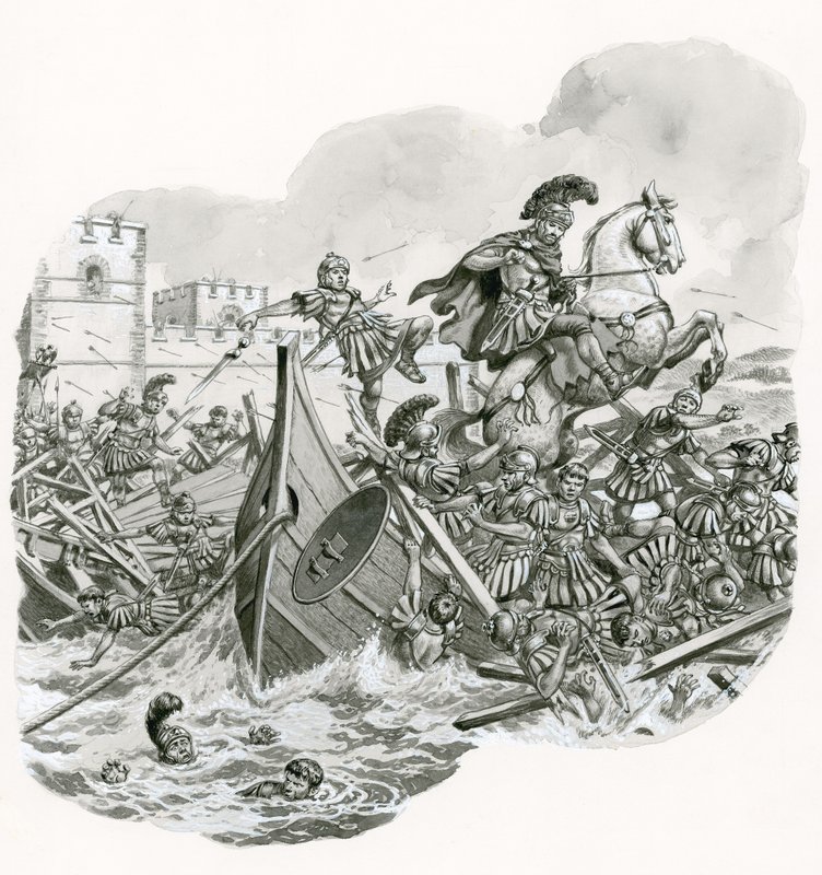 La batalla final del puente Milvio en 312 d.C. (gouache sobre papel) de Pat (1907-95) Nicolle