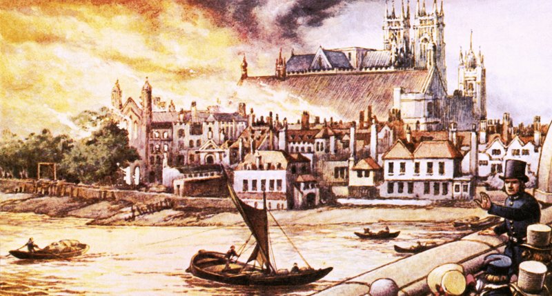 Las Antiguas Casas del Parlamento destruidas por un incendio en 1834 de Pat (1907-95) Nicolle